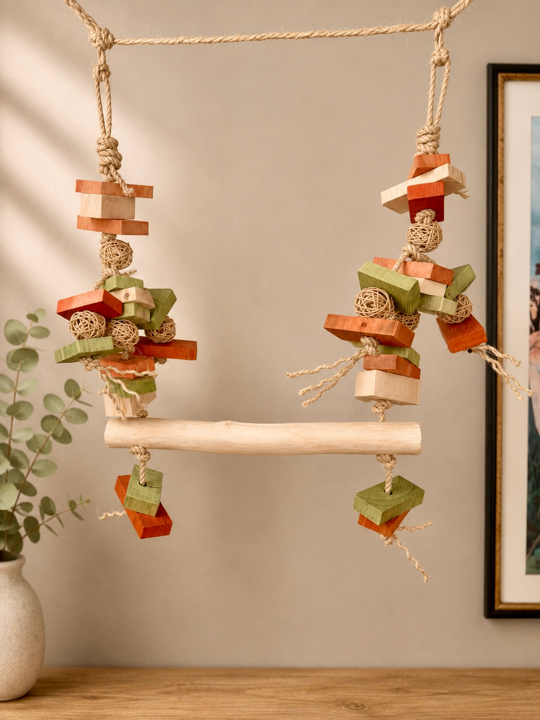 Green & Orange Macaw Swing With Rattan Balls Hanging Perch