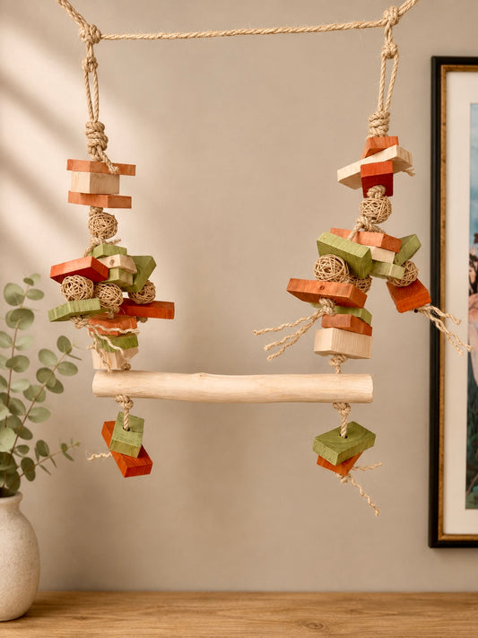 Green & Orange Macaw Swing With Rattan Balls Hanging Perch